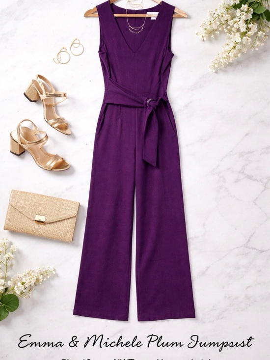 Emma & Michele Pants - NWT Emma & Michele Plum Wide Leg Jumpsuit w/ Belt & Pockets Size 12